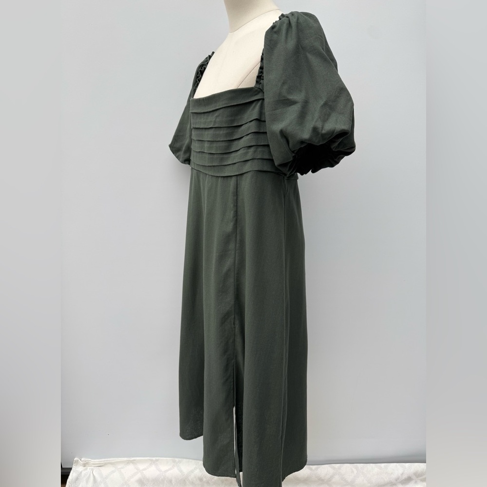 Mi Ami For Francesca’s Elegant Olive Green Puff Sleeve Midi Dress – Square Neck - Picture 12 of 15